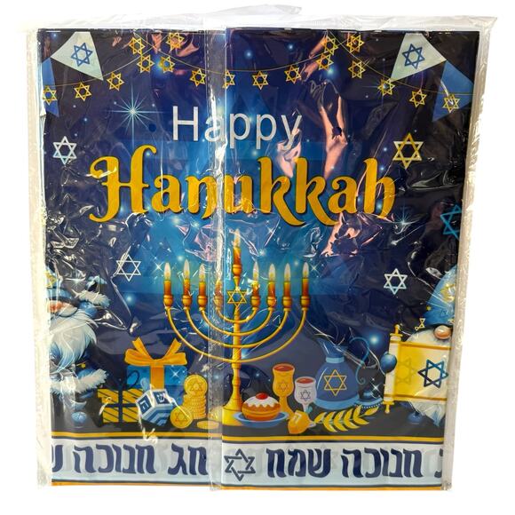 Set of 3 Hanukkah Tablecloths Blue Menorah & Star of David Plastic Table Covers - Picture 4 of 7